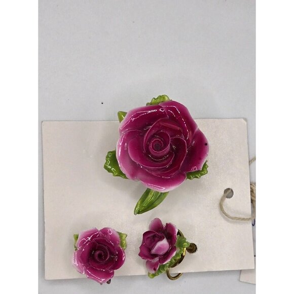 Rare Condition Bone China Rose Brooch Pin and Earrings Made in England Antique - Picture 10 of 10